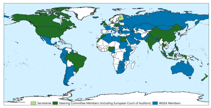 Map of INTOSAI WGEA Secretaria, Steering Committee and Member counties